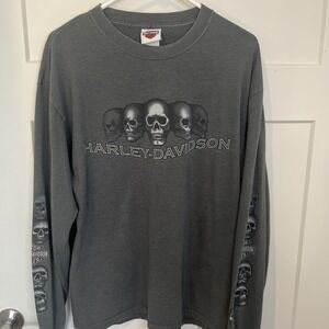 Vintage Y2K 2008 Harley Davidson Skull Old Fort Arkansas Gray Long Sleeve - Sz L
